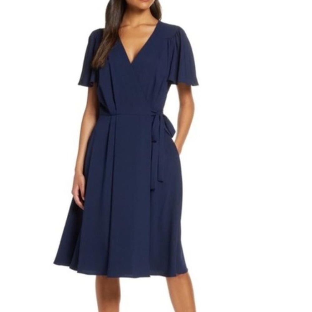 GAL MEETS GLAM navy blue wrap midi dress size 12